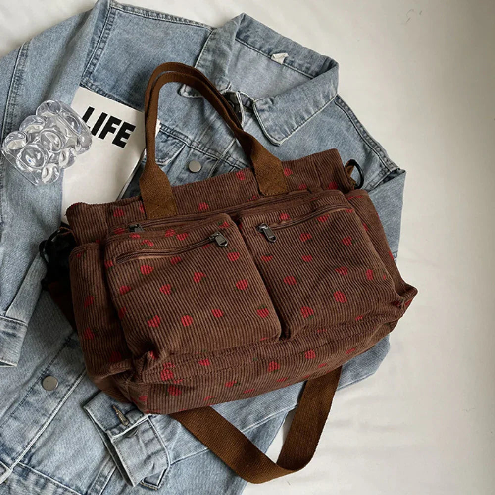 Women's Strawberry Print Canvas Tote Bag with Adjustable Shoulder Strap | Rosie