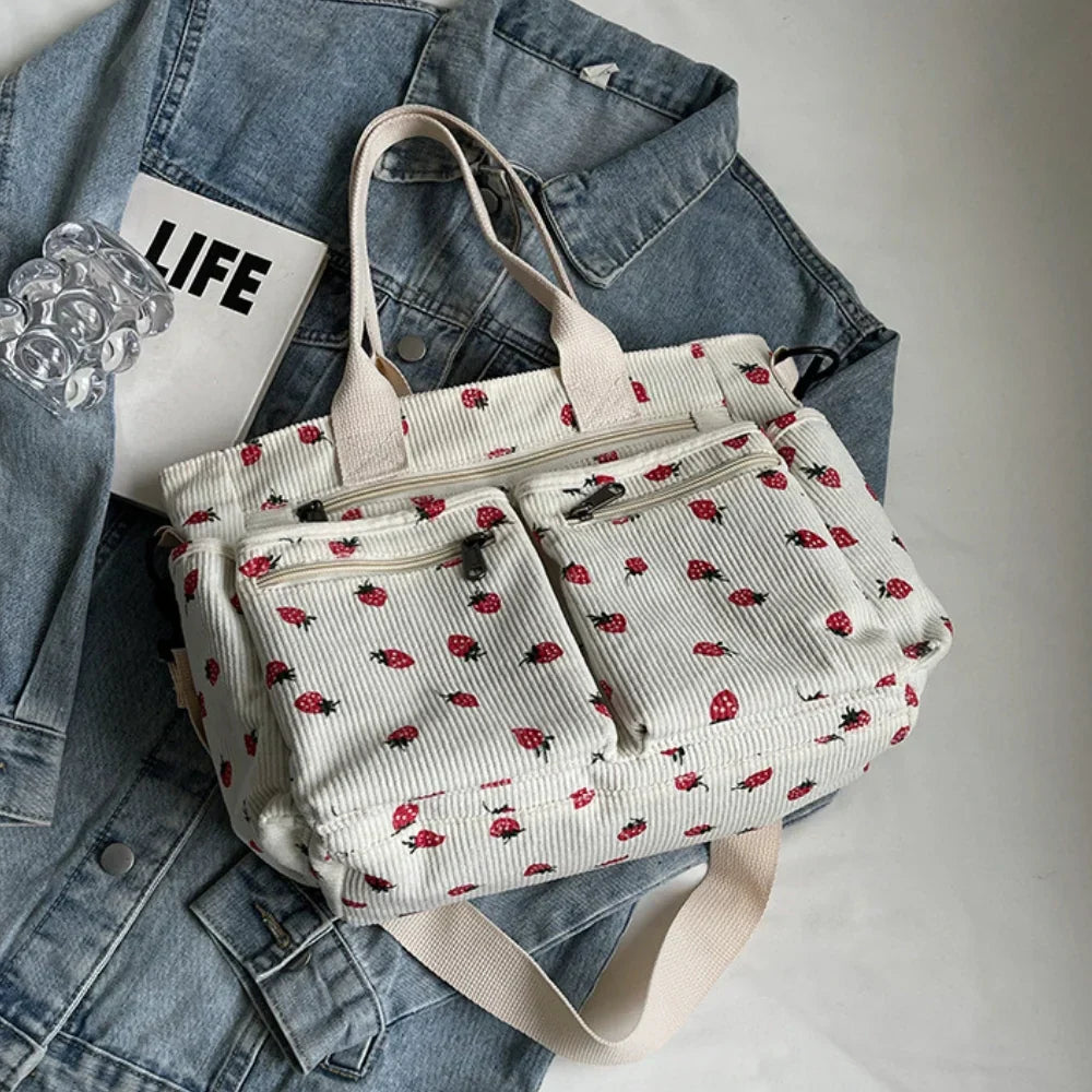 Women's Strawberry Print Canvas Tote Bag with Adjustable Shoulder Strap | Rosie