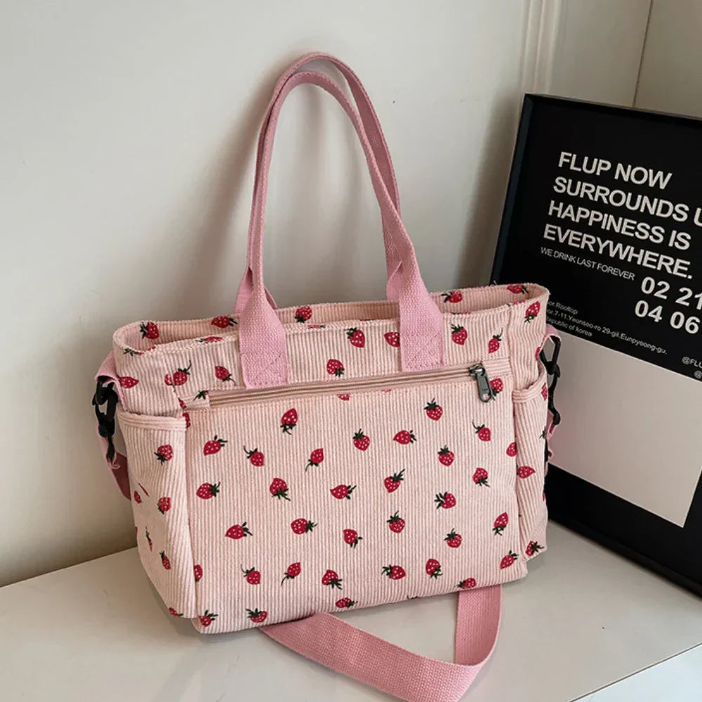 Women's Strawberry Print Canvas Tote Bag with Adjustable Shoulder Strap | Rosie