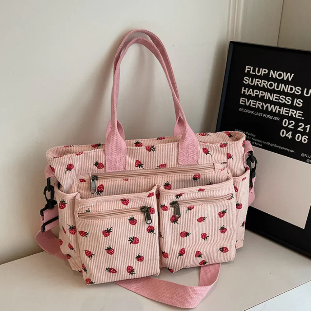 Women's Strawberry Print Canvas Tote Bag with Adjustable Shoulder Strap | Rosie