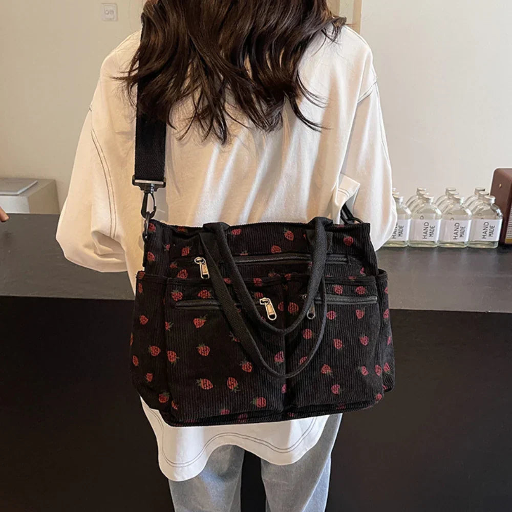 Women's Strawberry Print Canvas Tote Bag with Adjustable Shoulder Strap | Rosie