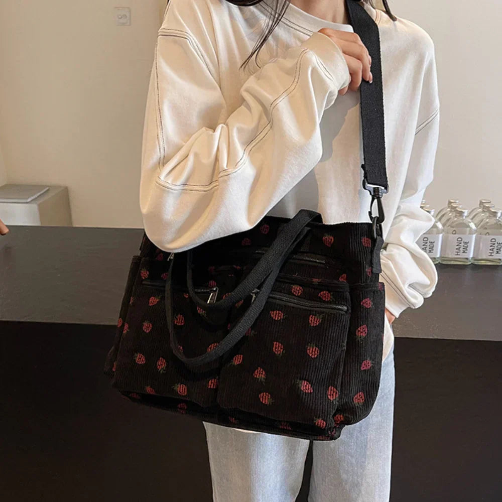Women's Strawberry Print Canvas Tote Bag with Adjustable Shoulder Strap | Rosie