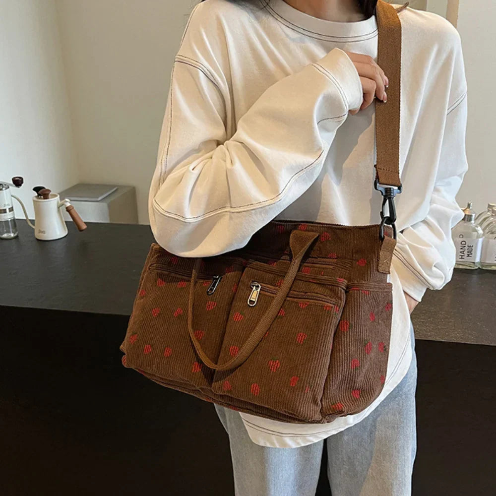 Women's Strawberry Print Canvas Tote Bag with Adjustable Shoulder Strap | Rosie