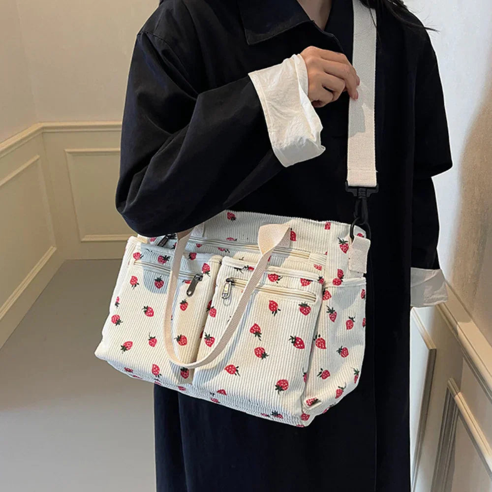 Women's Strawberry Print Canvas Tote Bag with Adjustable Shoulder Strap | Rosie