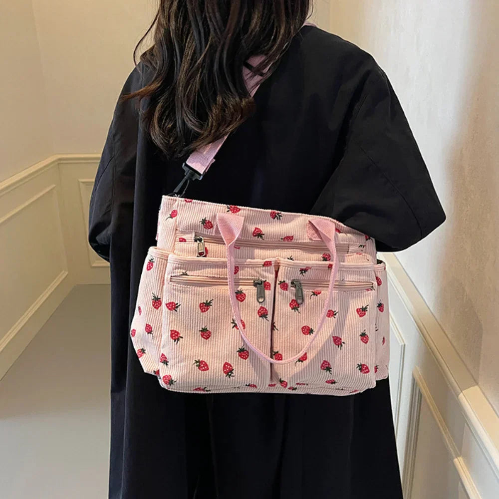 Women's Strawberry Print Canvas Tote Bag with Adjustable Shoulder Strap | Rosie
