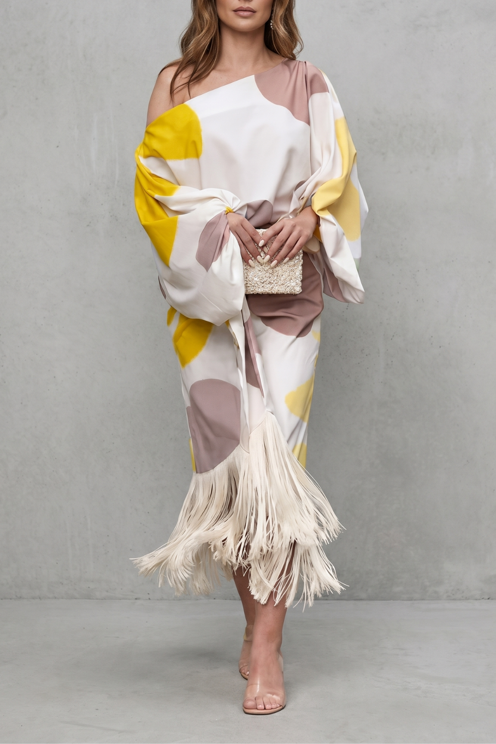 Women's off-shoulder abstract print two-piece set with fringe hem, front view