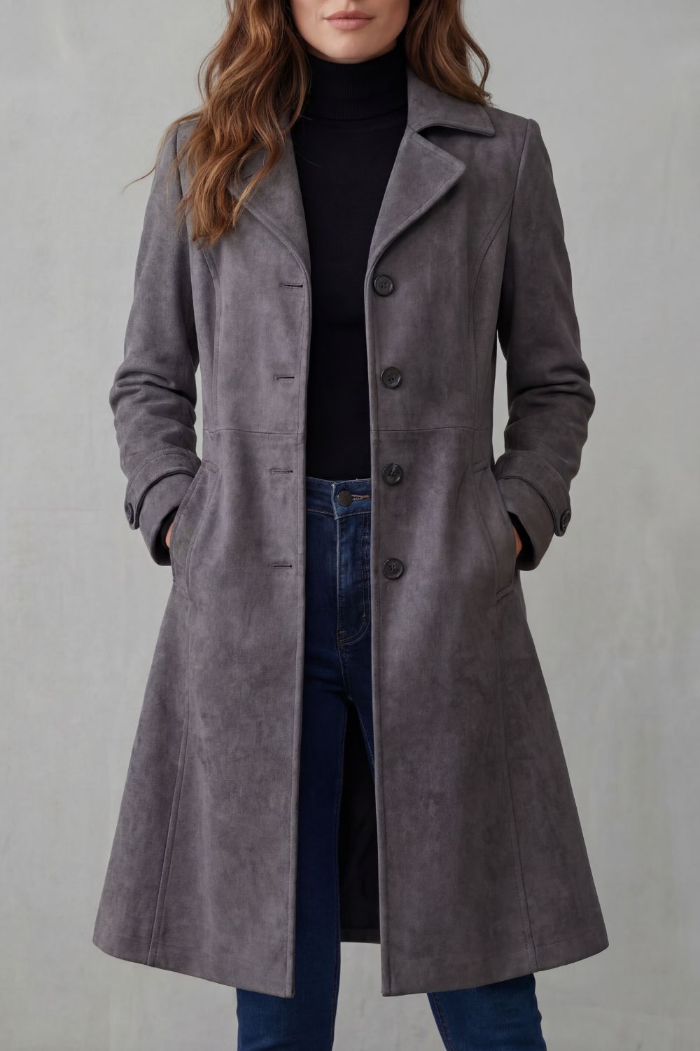 Women's Longline Coat with Vintage Suede Finish - Delvienne