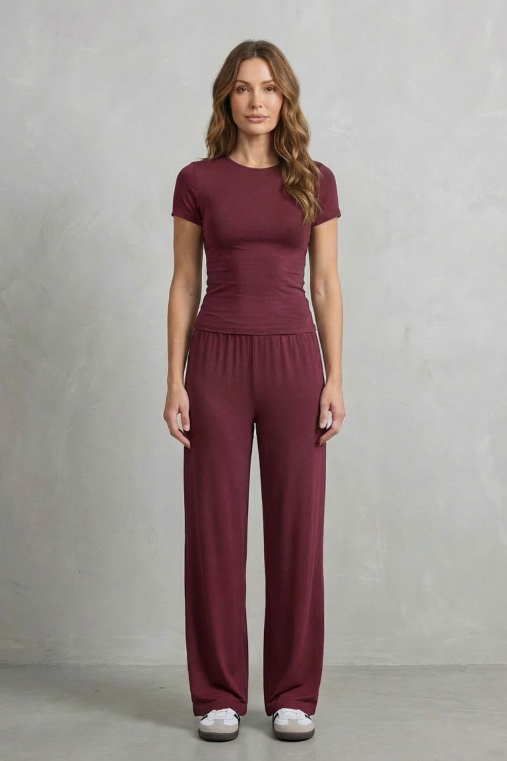 Women's Ruched-Waist Knit Top and Wide-Leg Pants Set for Work - Élan