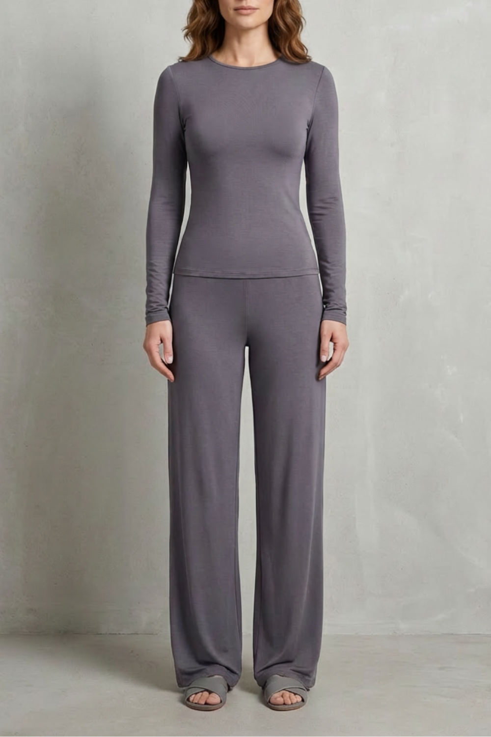 Women's ruched-waist knit top and wide-leg pants set, front view