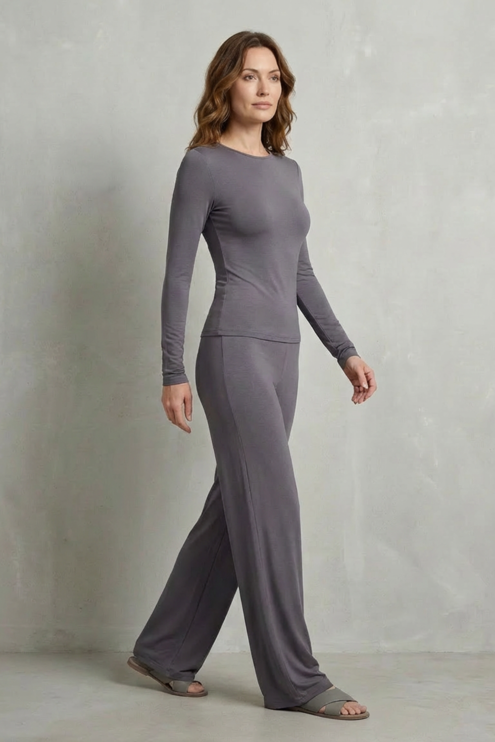 Back view of the knit two-piece top and pants set