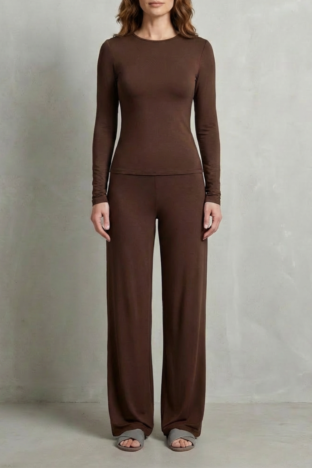 Long-sleeve version of the knit top and wide-leg pants set