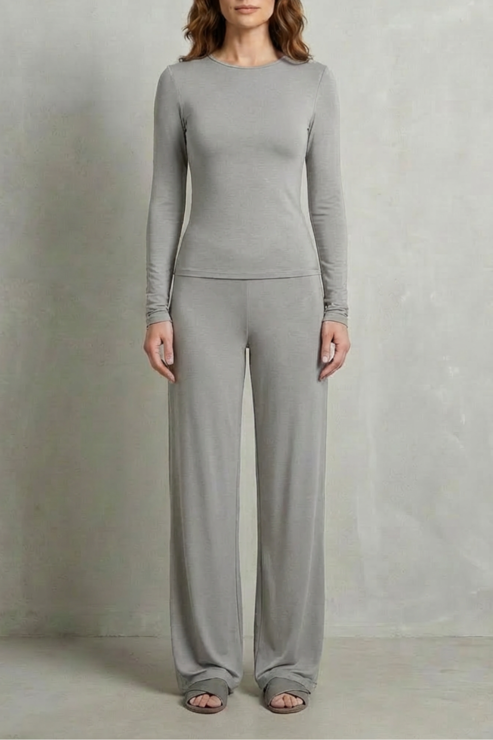 Three-quarter view of the ruched-waist knit two-piece