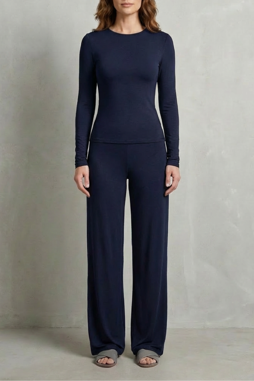 Full-length styled view of the ruched-waist knit pants set
