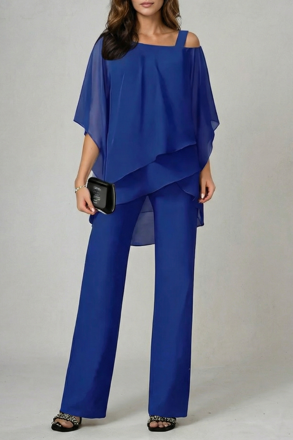 Blue colorway of the chiffon top and wide-leg pants set, full-length view