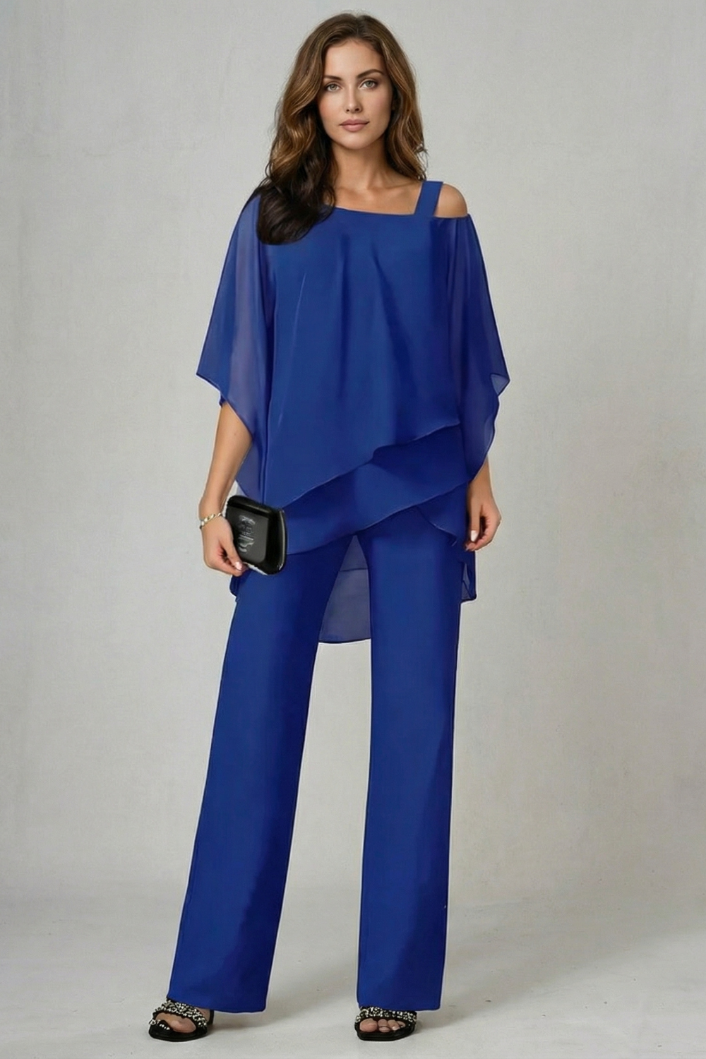 Navy colorway of the chiffon top and wide-leg pants set, full-length view
