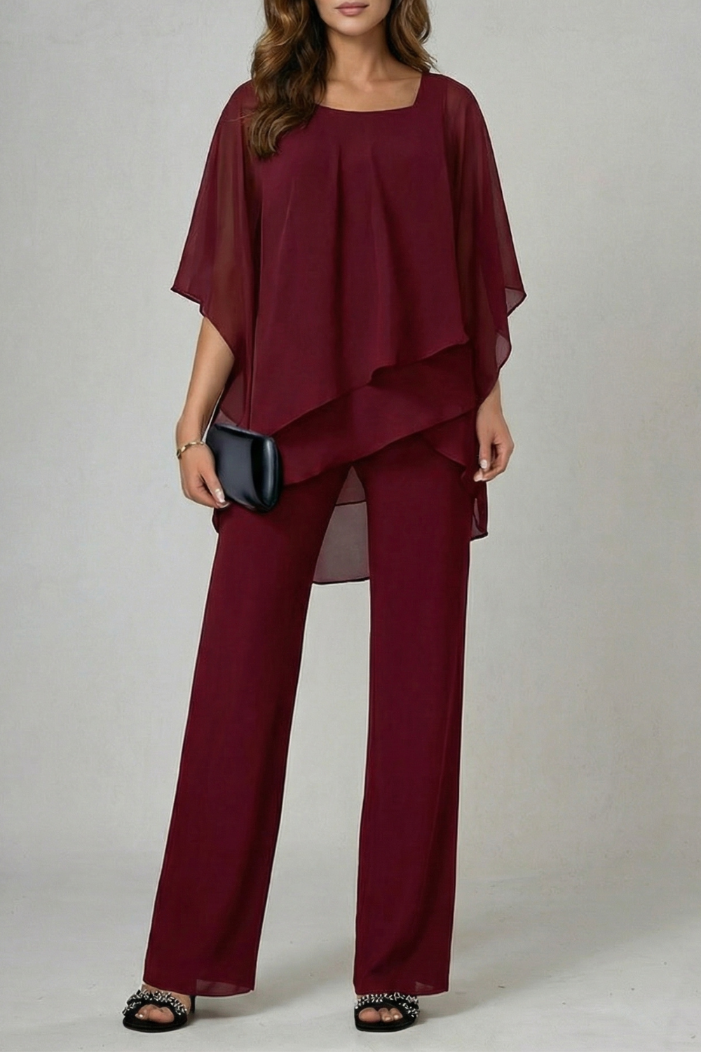 Black colorway of the chiffon top and wide-leg pants set, full-length view