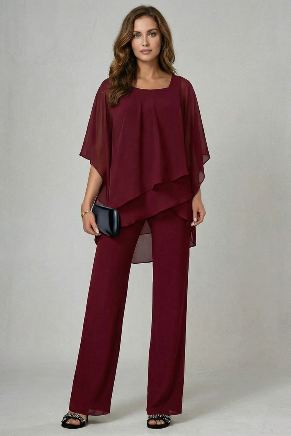 Wine Red colorway of the chiffon top and wide-leg pants set, full-length view
