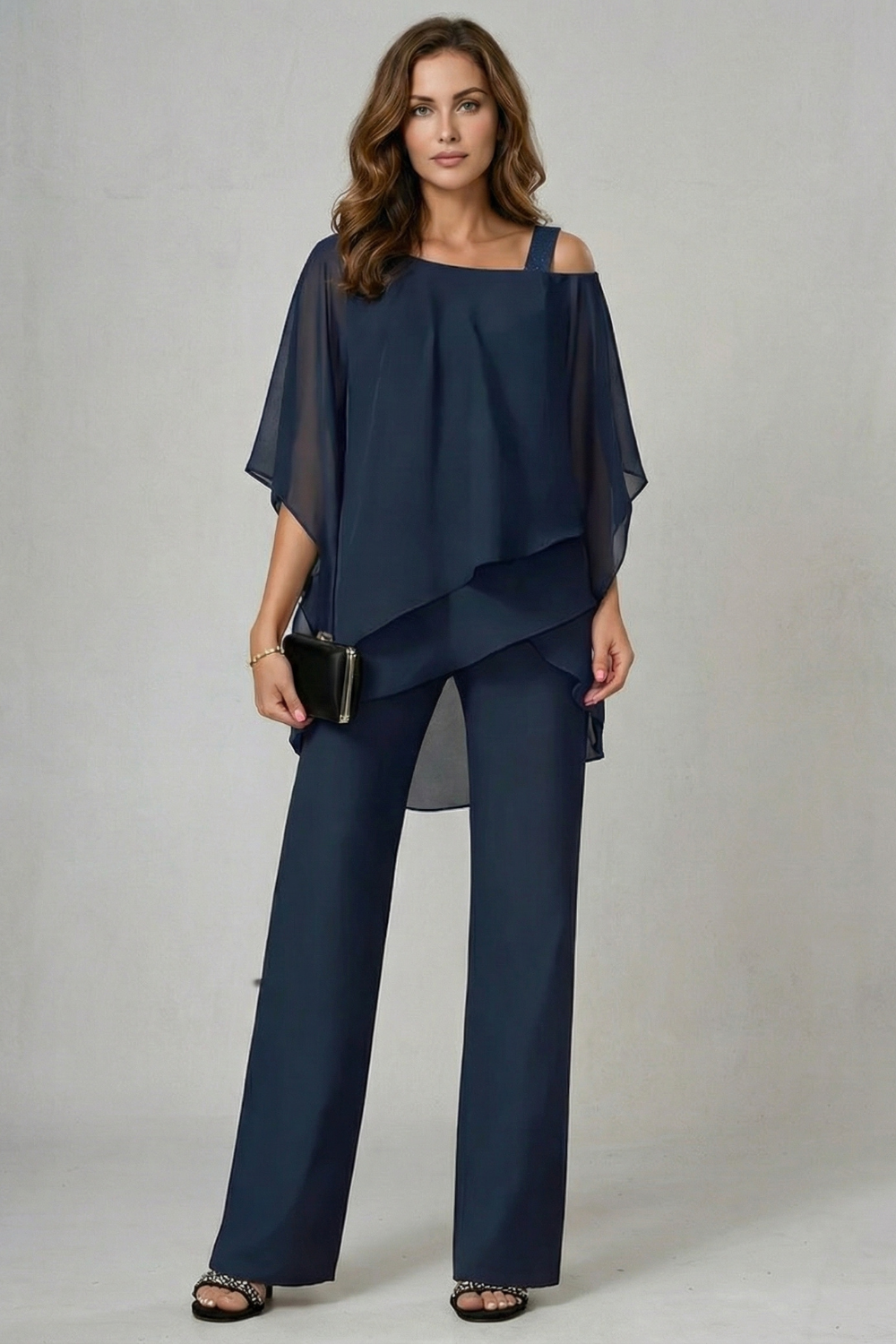 Chiffon set styled with metallic heels and a clutch for evening