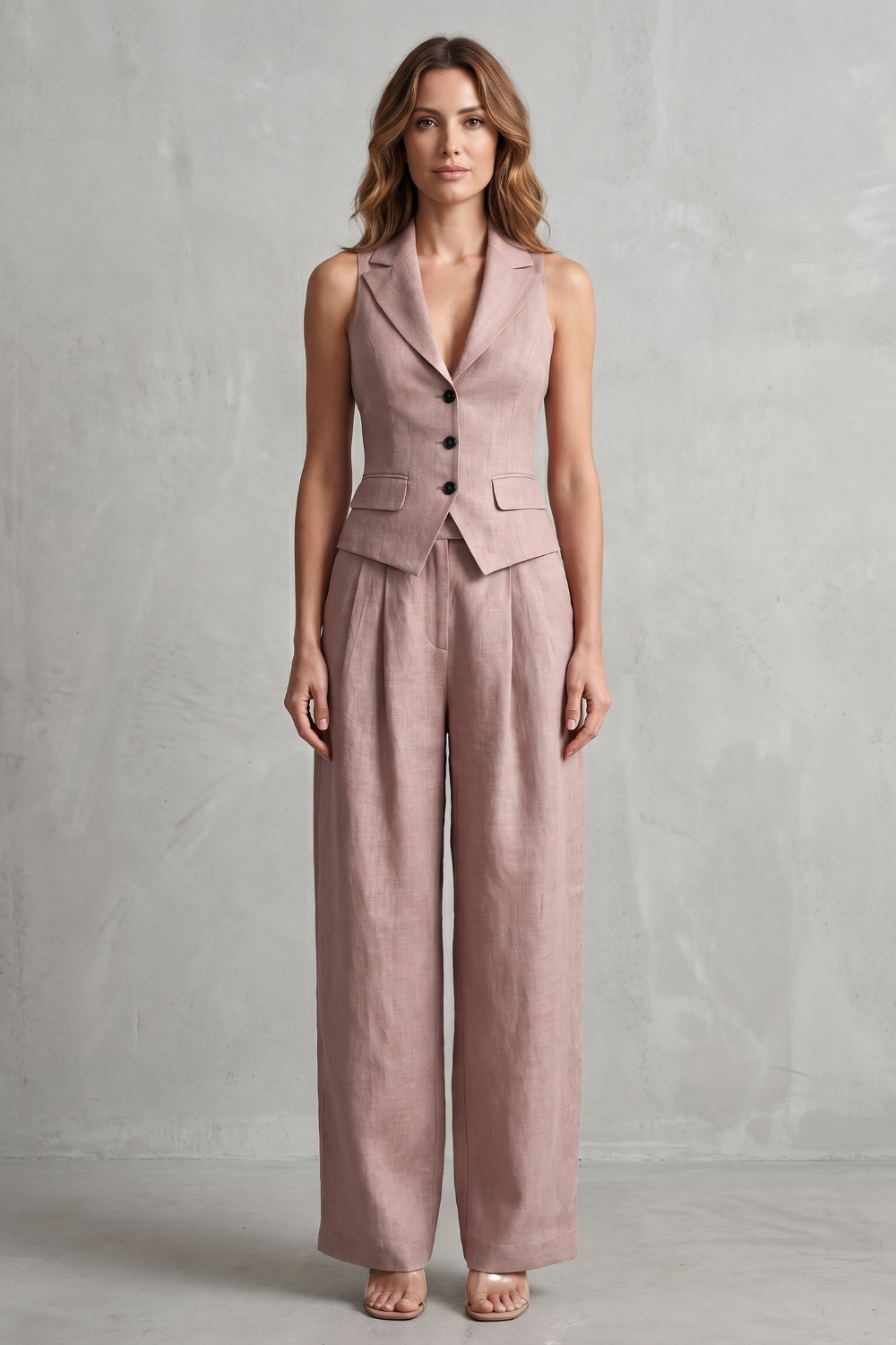 Side view of the Elarique sleeveless vest and wide-leg pants set