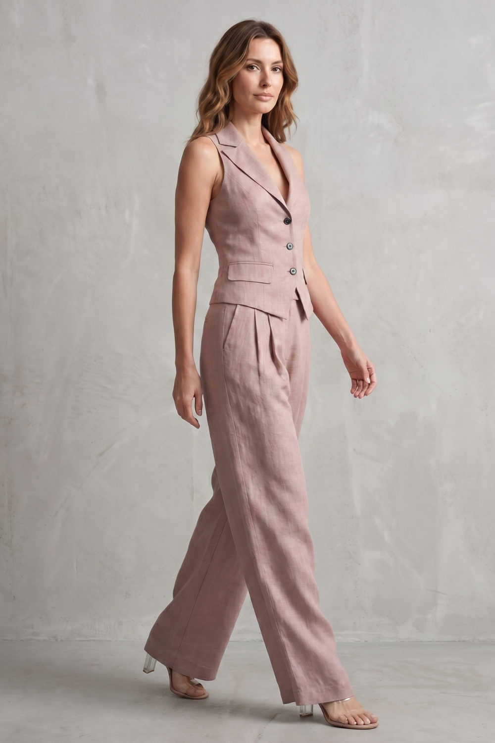 Back view of the tailored vest and wide-leg pants two-piece set