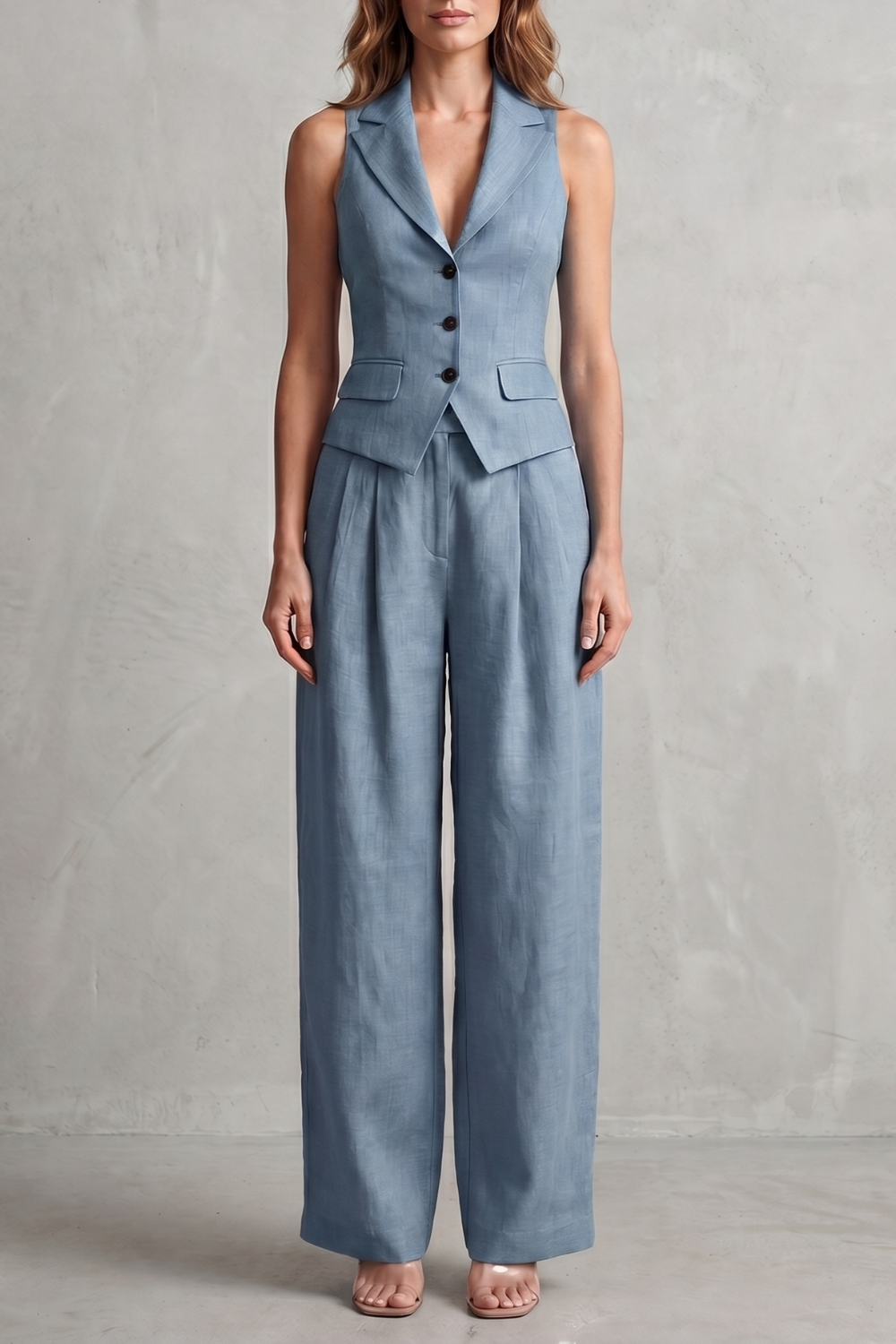 Pink colorway of the button-front vest and wide-leg pants set, full-length view