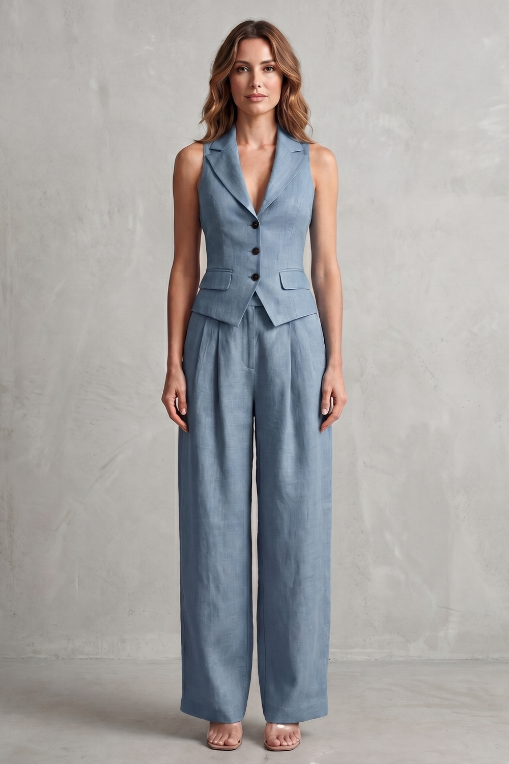Blue colorway of the sleeveless vest and wide-leg pants set