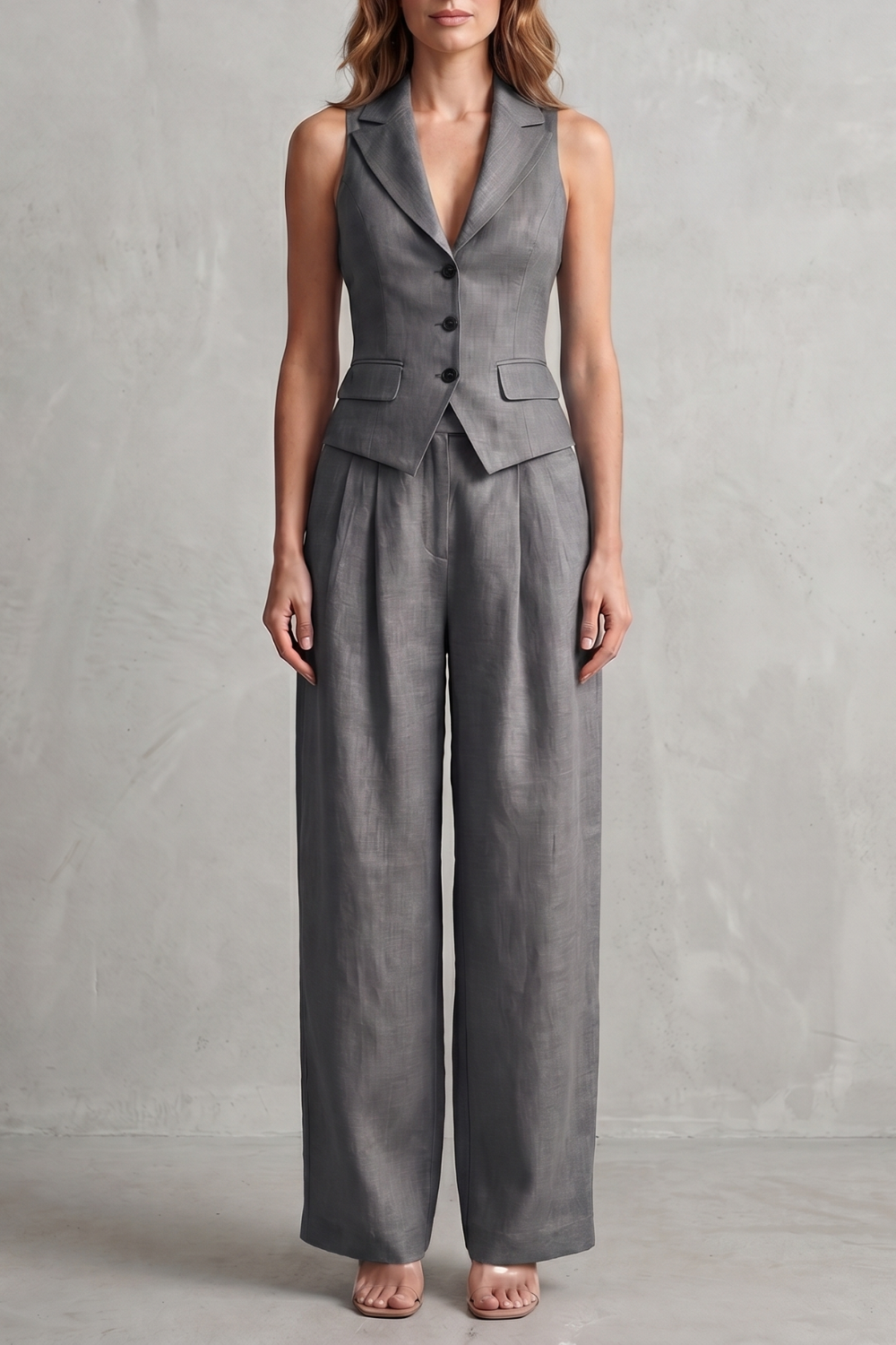 Gray colorway of the Elarique two-piece set, full-length view
