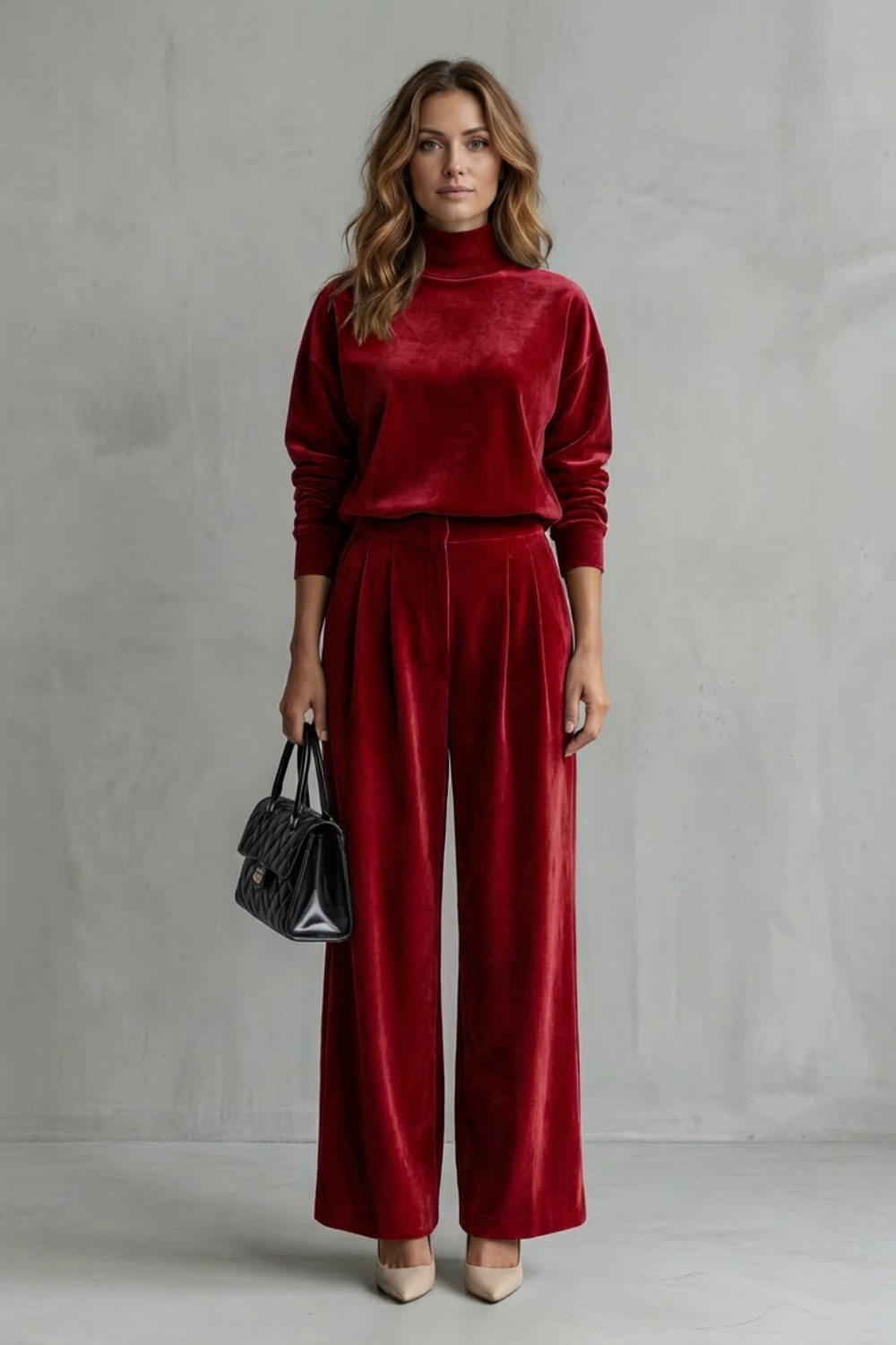 Velour lounge set styled with pointed heels and a structured handbag