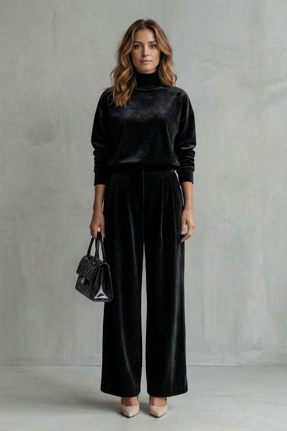 Full-length styled view of the high-neck velour lounge set