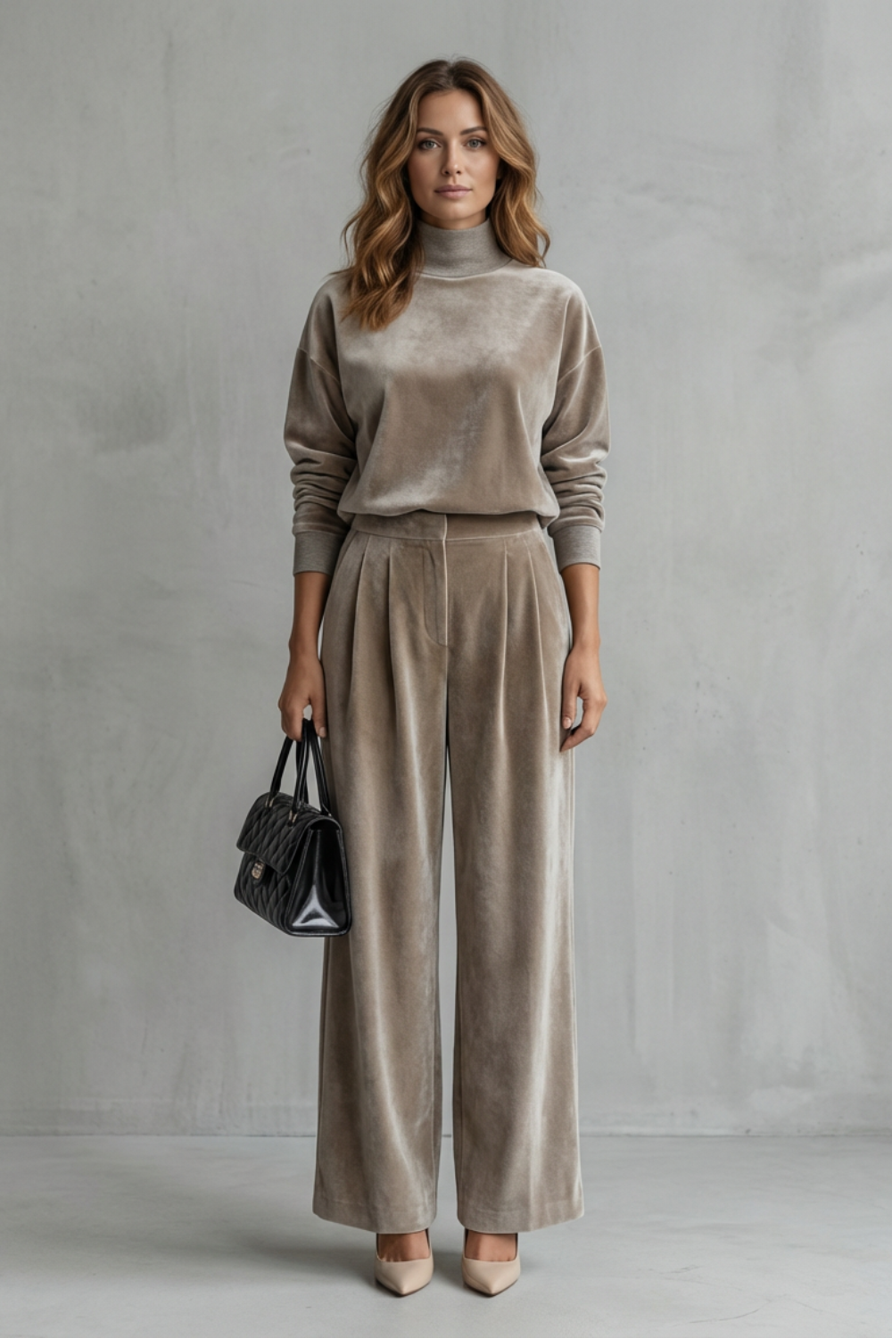 Side view of the velour lounge set with pleated wide-leg pants