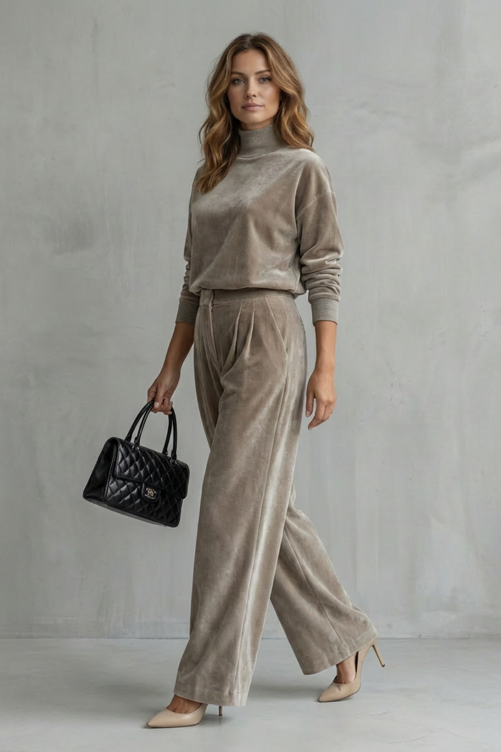 Back view of the dropped-shoulder velour top and pants