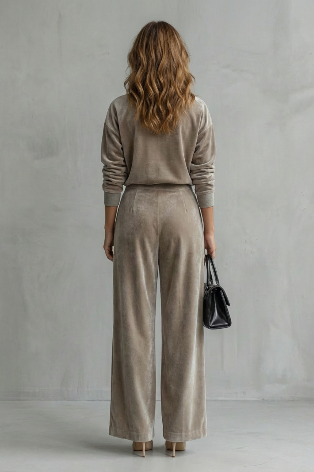 Detail close-up of the plush velour texture and high neckline