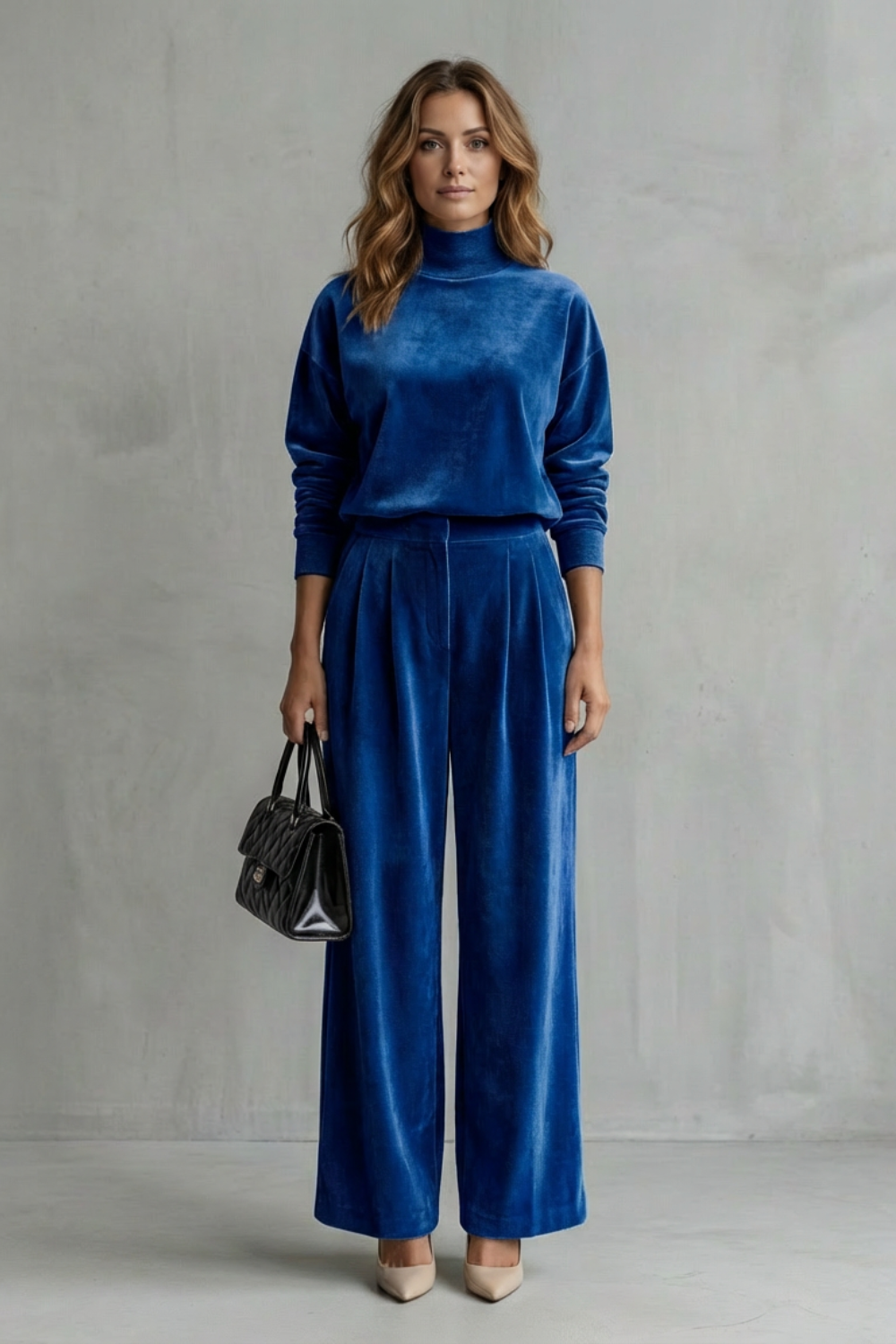 Close-up of the dropped shoulder seam and long sleeve