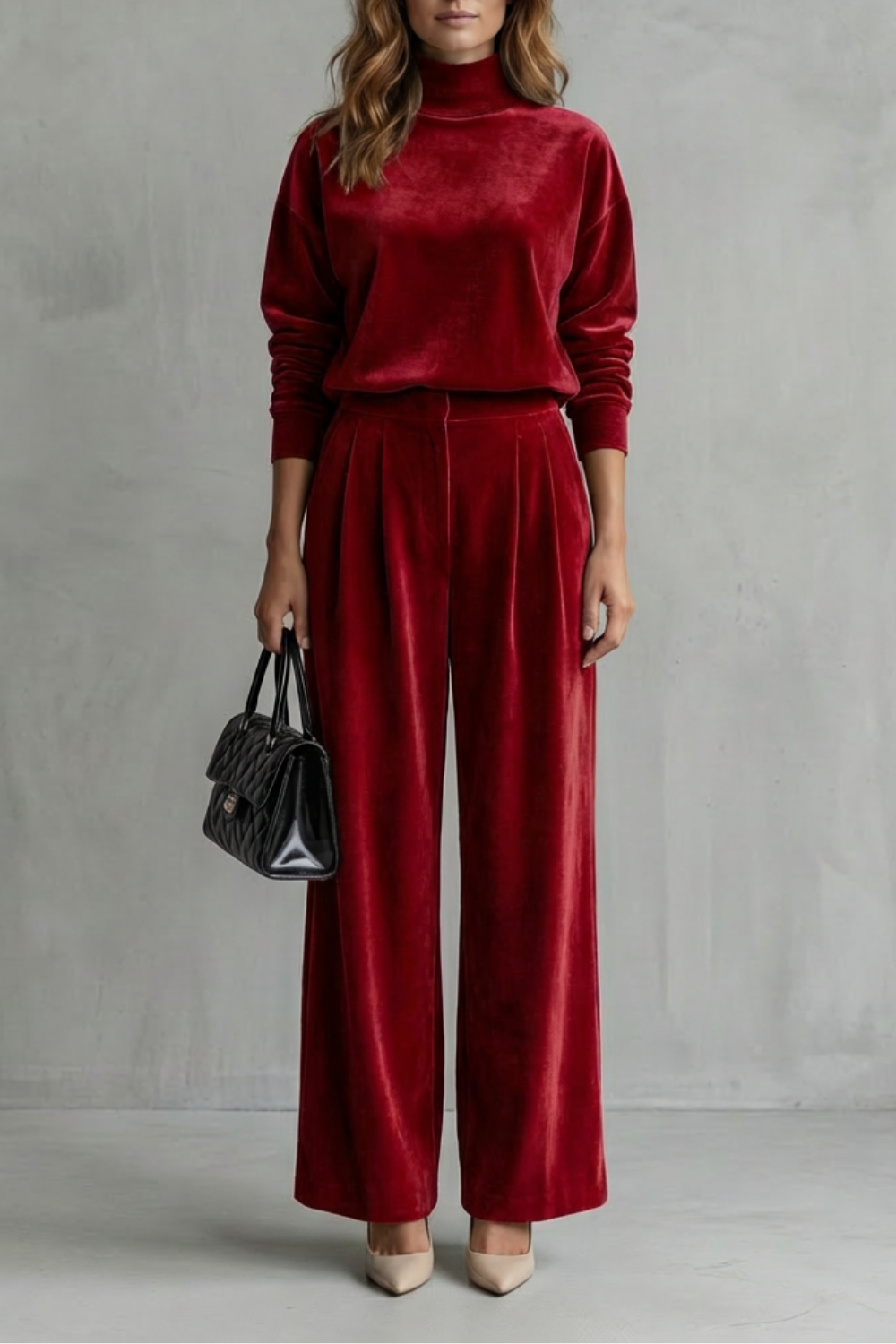 Pleat detail on the wide-leg velour pants
