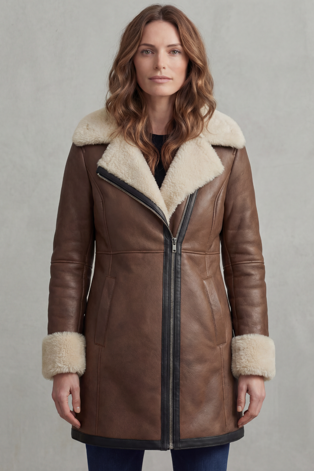 Women's Leather Winter Coat with Shearling Collar - Elisara