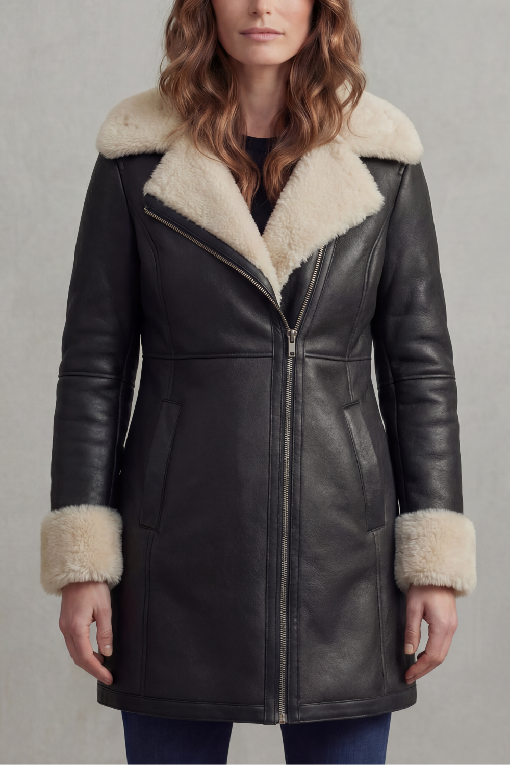 Women's Leather Winter Coat with Shearling Collar - Elisara