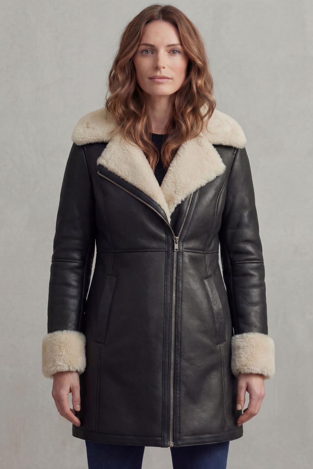 Women's Leather Winter Coat with Shearling Collar - Elisara