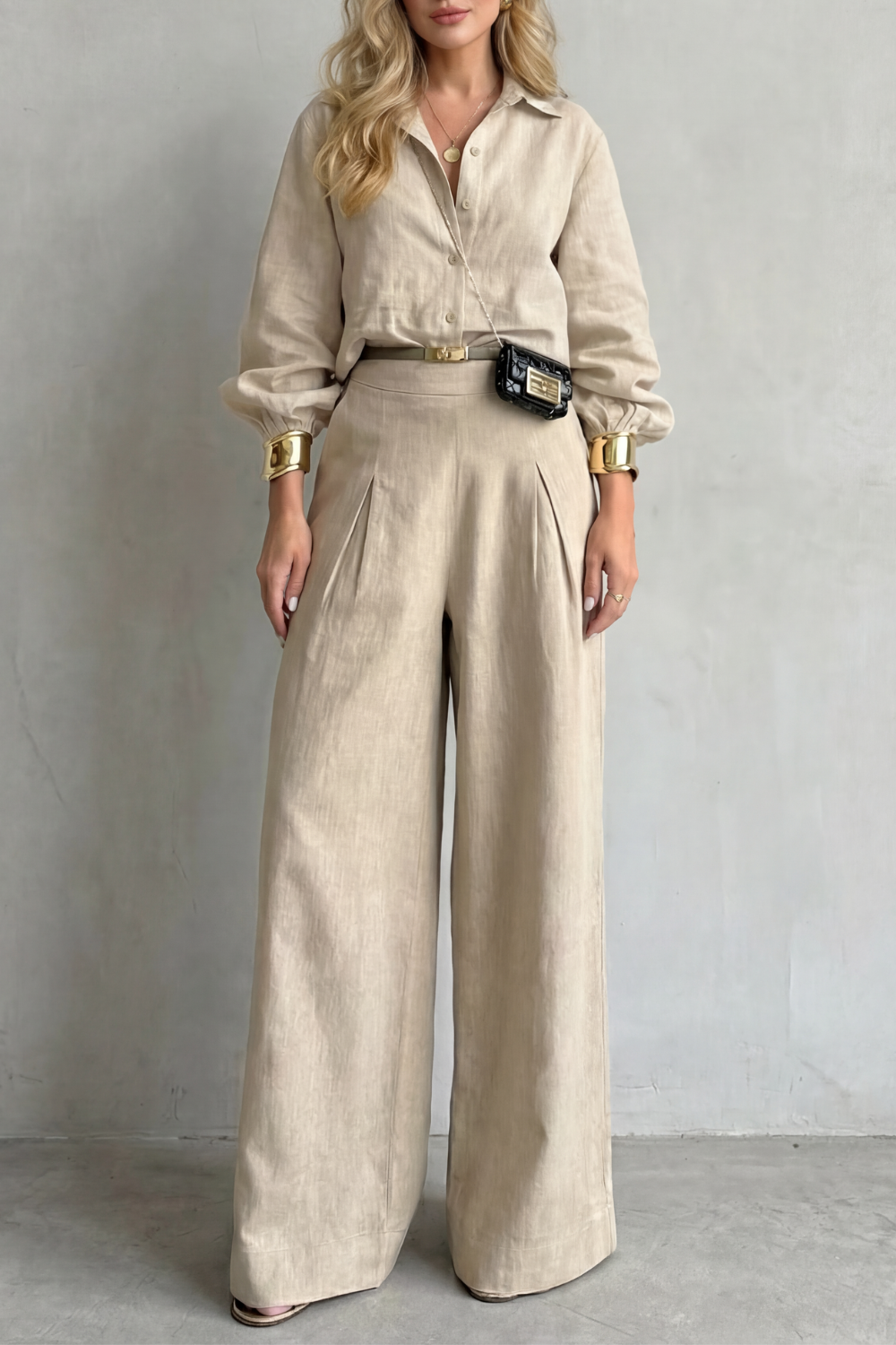 Women's pleated cropped shirt and wide-leg pants set in khaki, front view