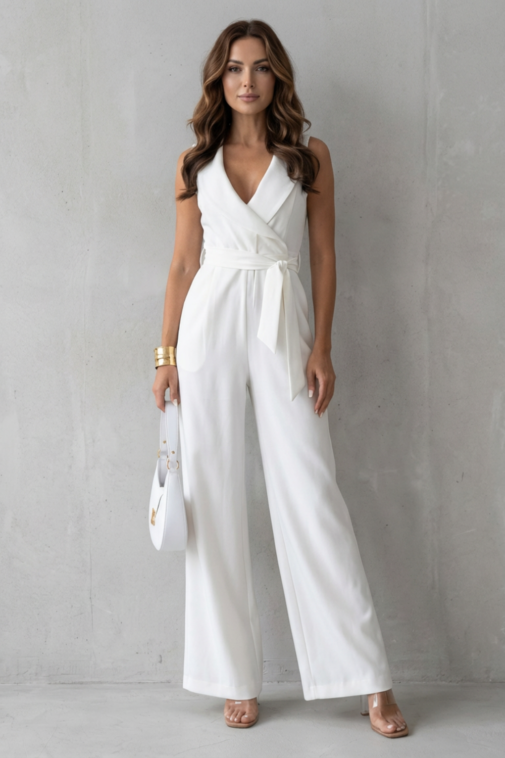 Side view of the sleeveless tailored jumpsuit with wide-leg pants