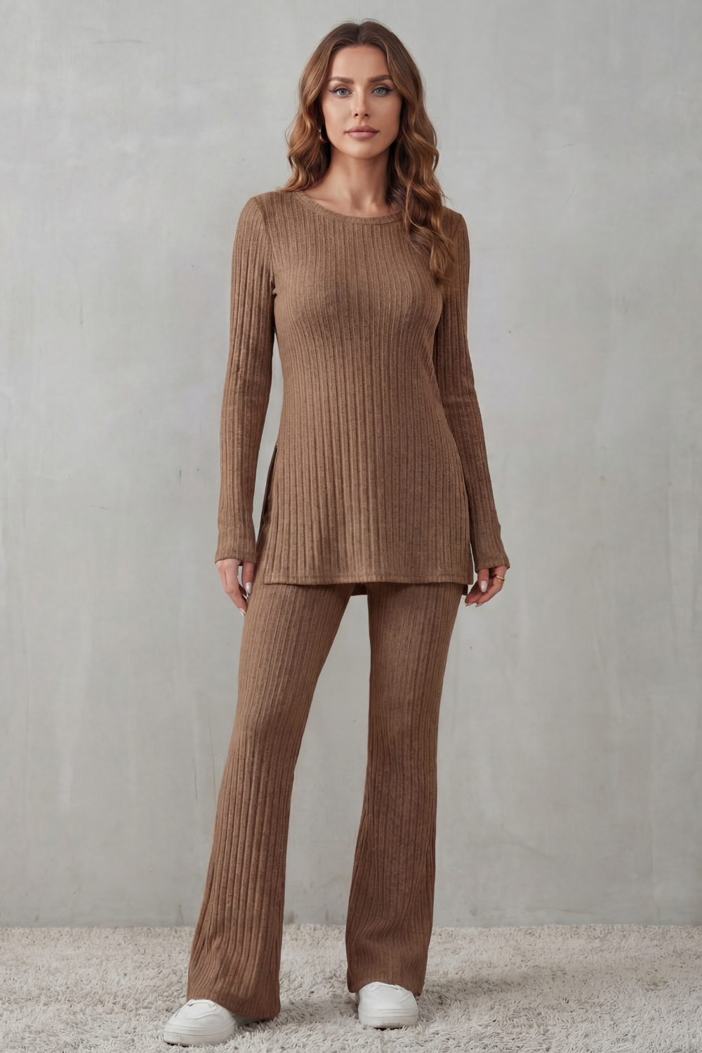 Ivory white colorway of the ribbed lounge set, full-length view