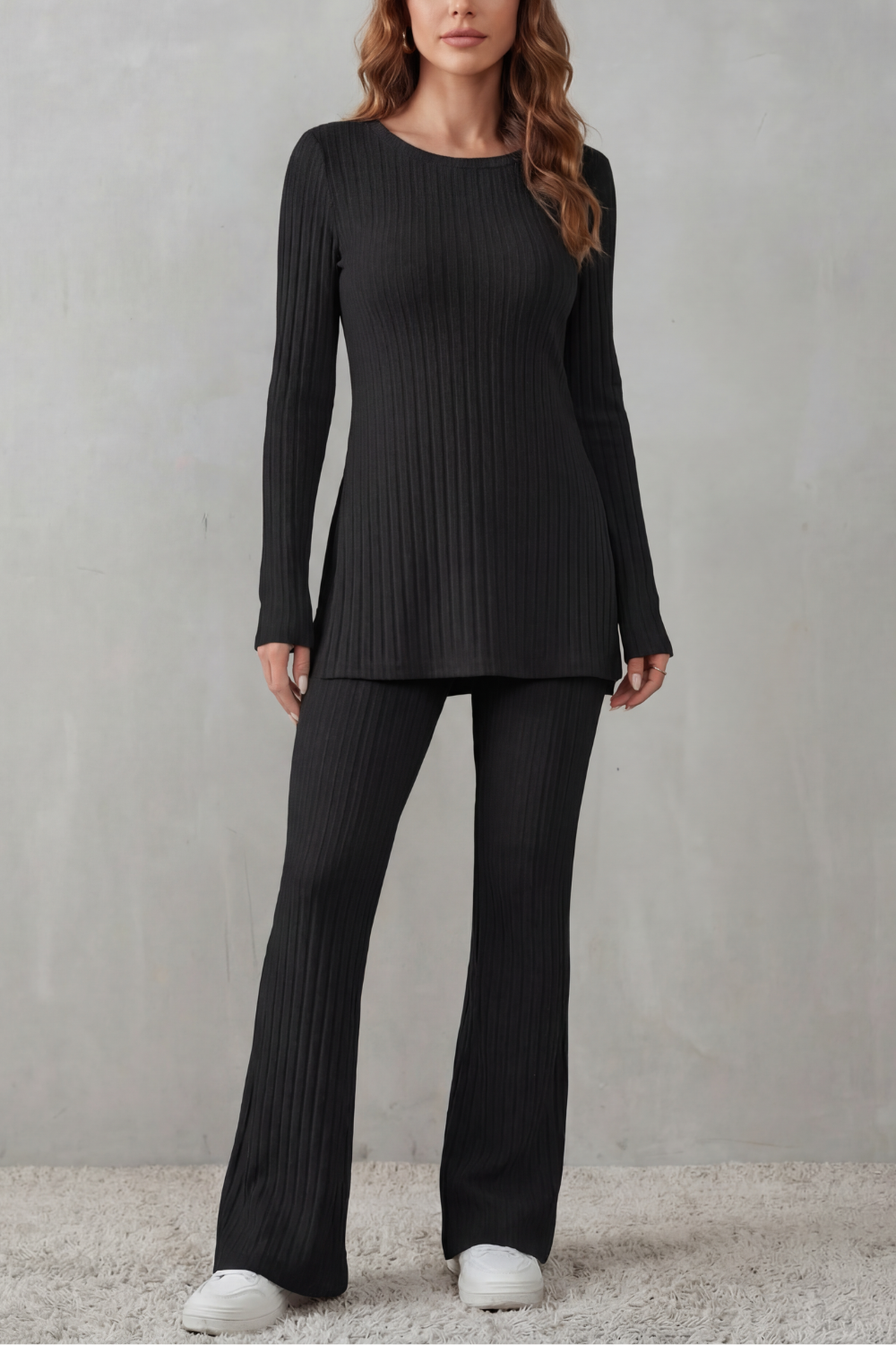Close-up of the side slit on the longline ribbed tunic top