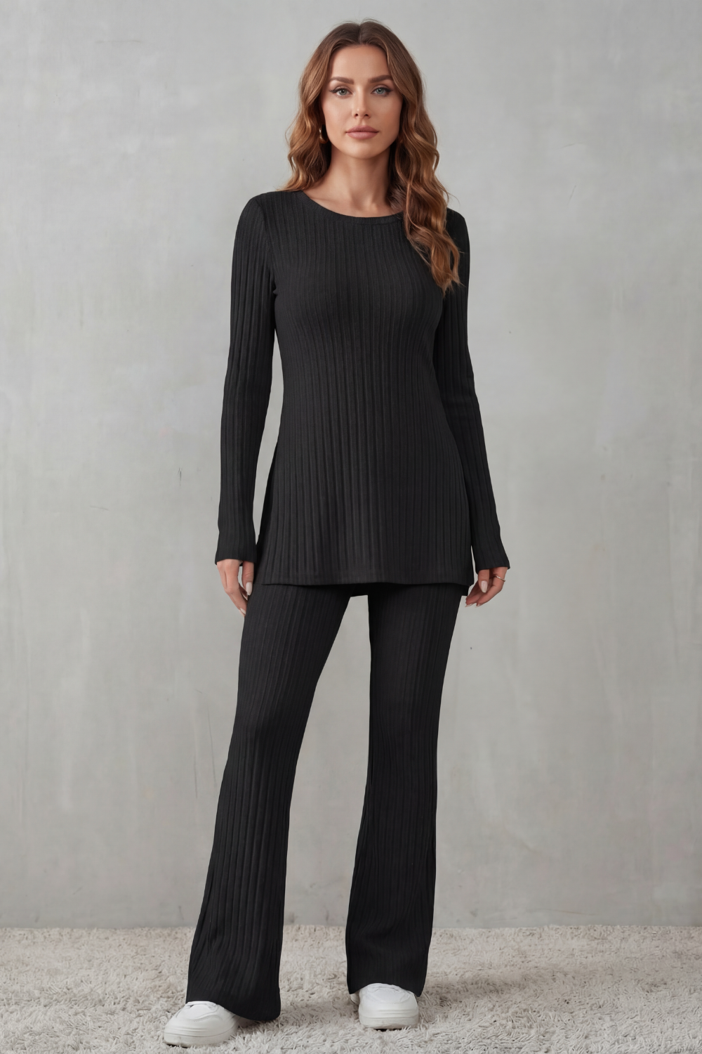 Light gray colorway of the ribbed tunic and flared pants set, full-length view
