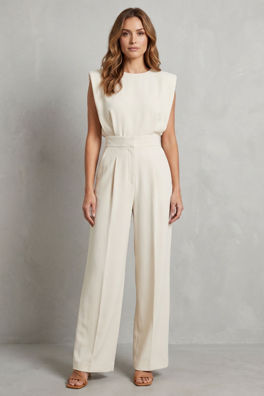 Side view of the beige belted jumpsuit with flowing wide legs