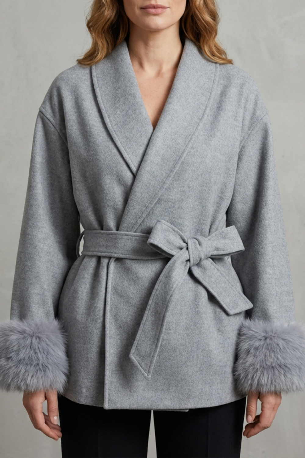 Women's Elegant Wool Coat with Faux Fur Cuffs and Belted Wrap Style - Elodie