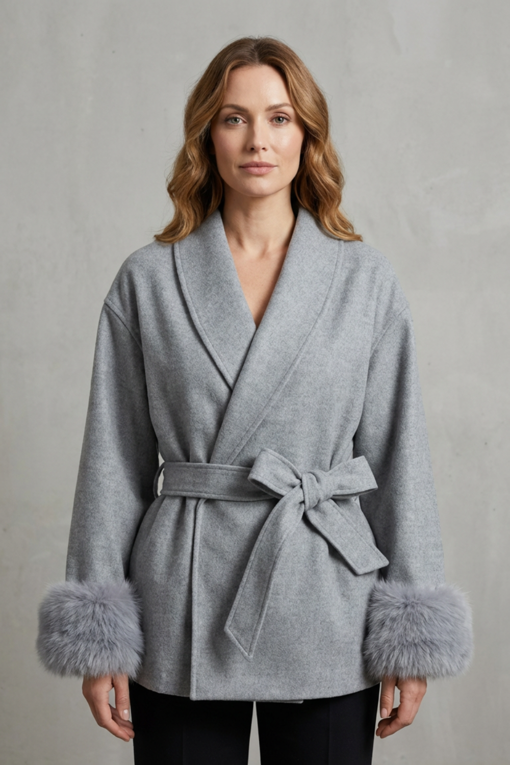 Women's Elegant Wool Coat with Faux Fur Cuffs and Belted Wrap Style - Elodie