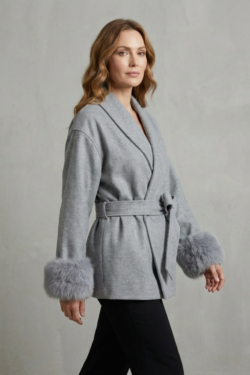 Women's Elegant Wool Coat with Faux Fur Cuffs and Belted Wrap Style - Elodie