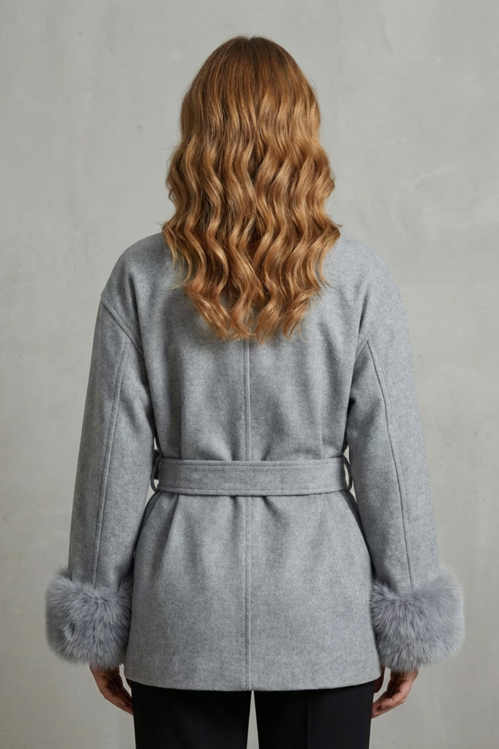 Women's Elegant Wool Coat with Faux Fur Cuffs and Belted Wrap Style - Elodie