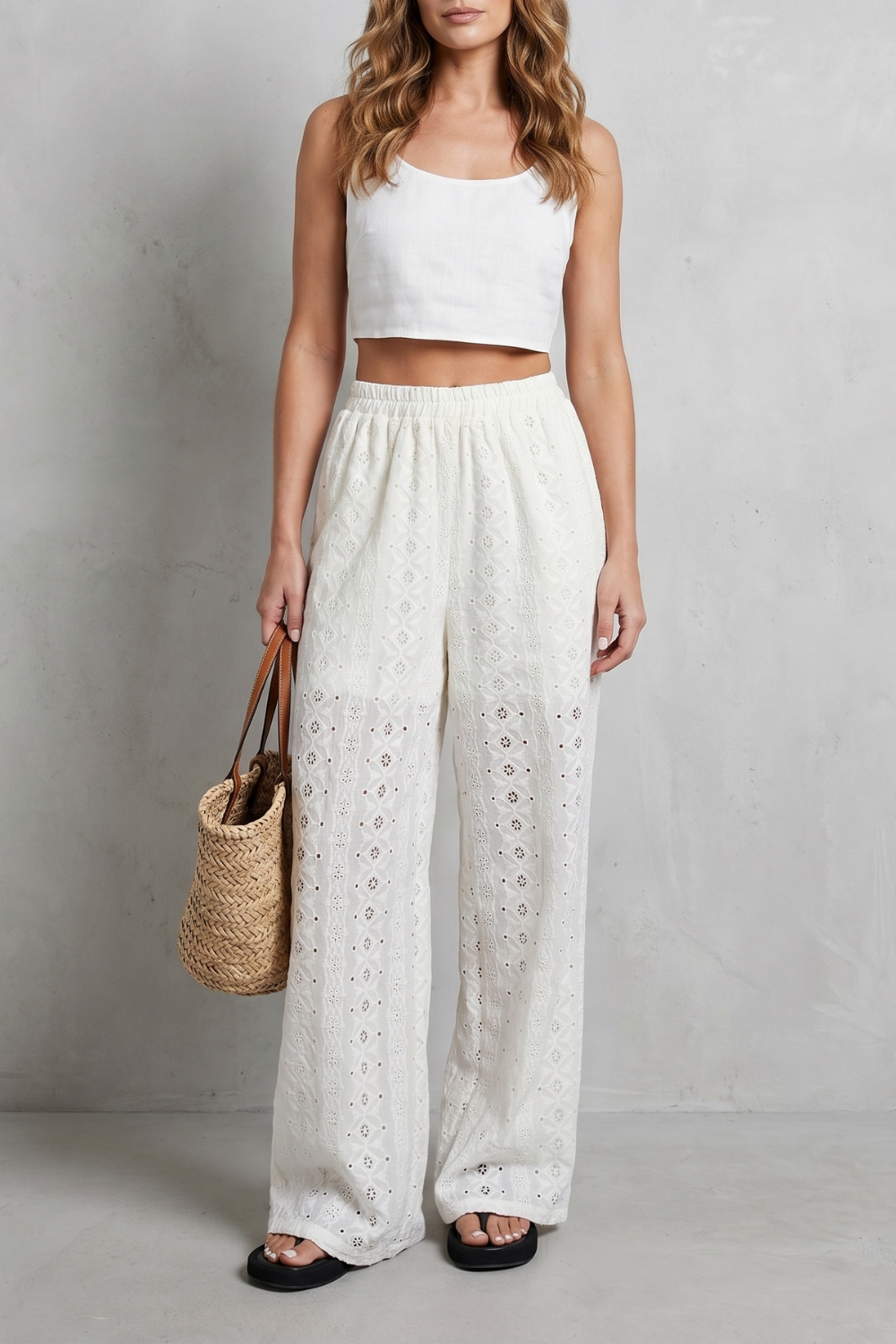 Women's Eyelet Wide Leg Pants in White - Orlandine
