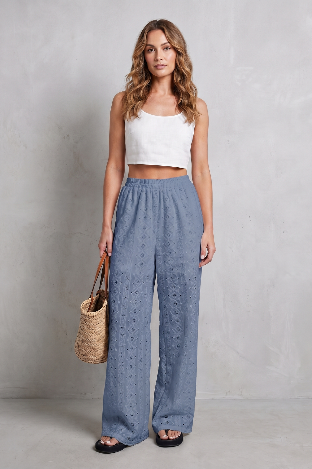 Women's Eyelet Wide Leg Pants in White - Orlandine