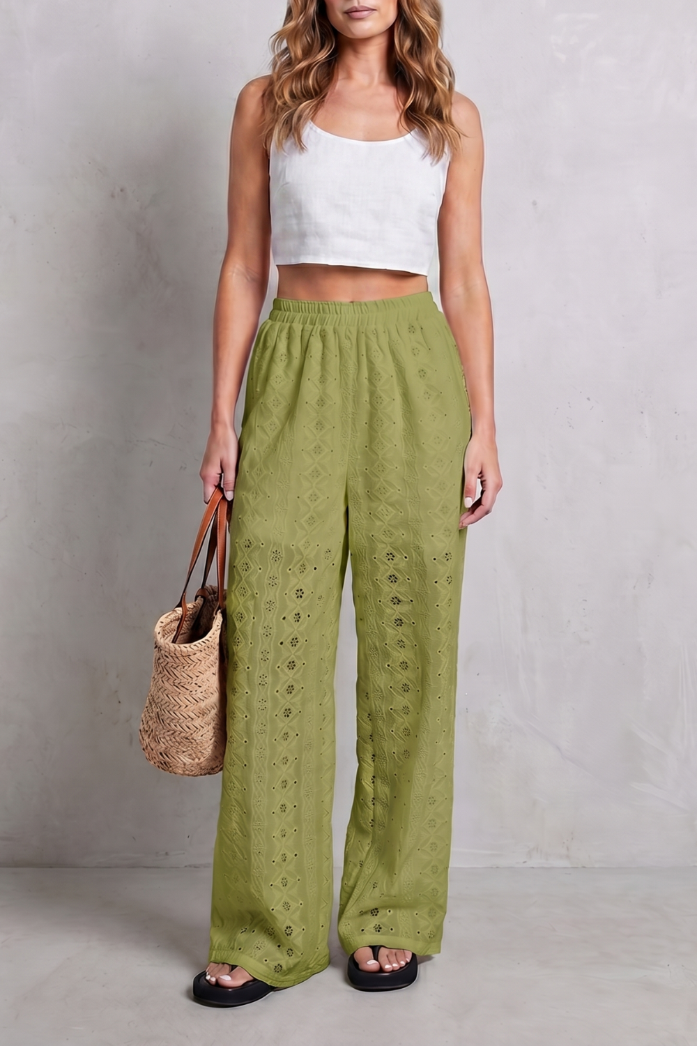 Women's Eyelet Wide Leg Pants in White - Orlandine